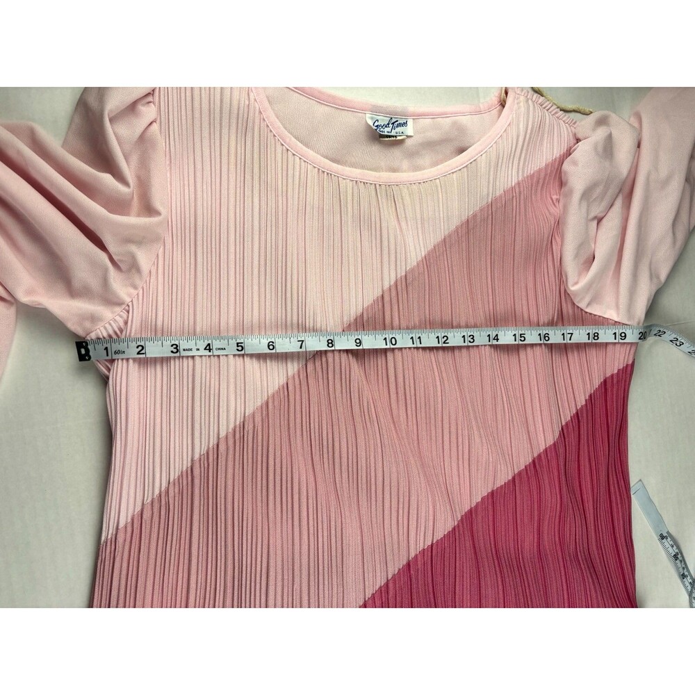 Vintage Good Times Pink Colorblock Midi Dress Long Sleeve Pleated Size 15/16 - Picture 8 of 10